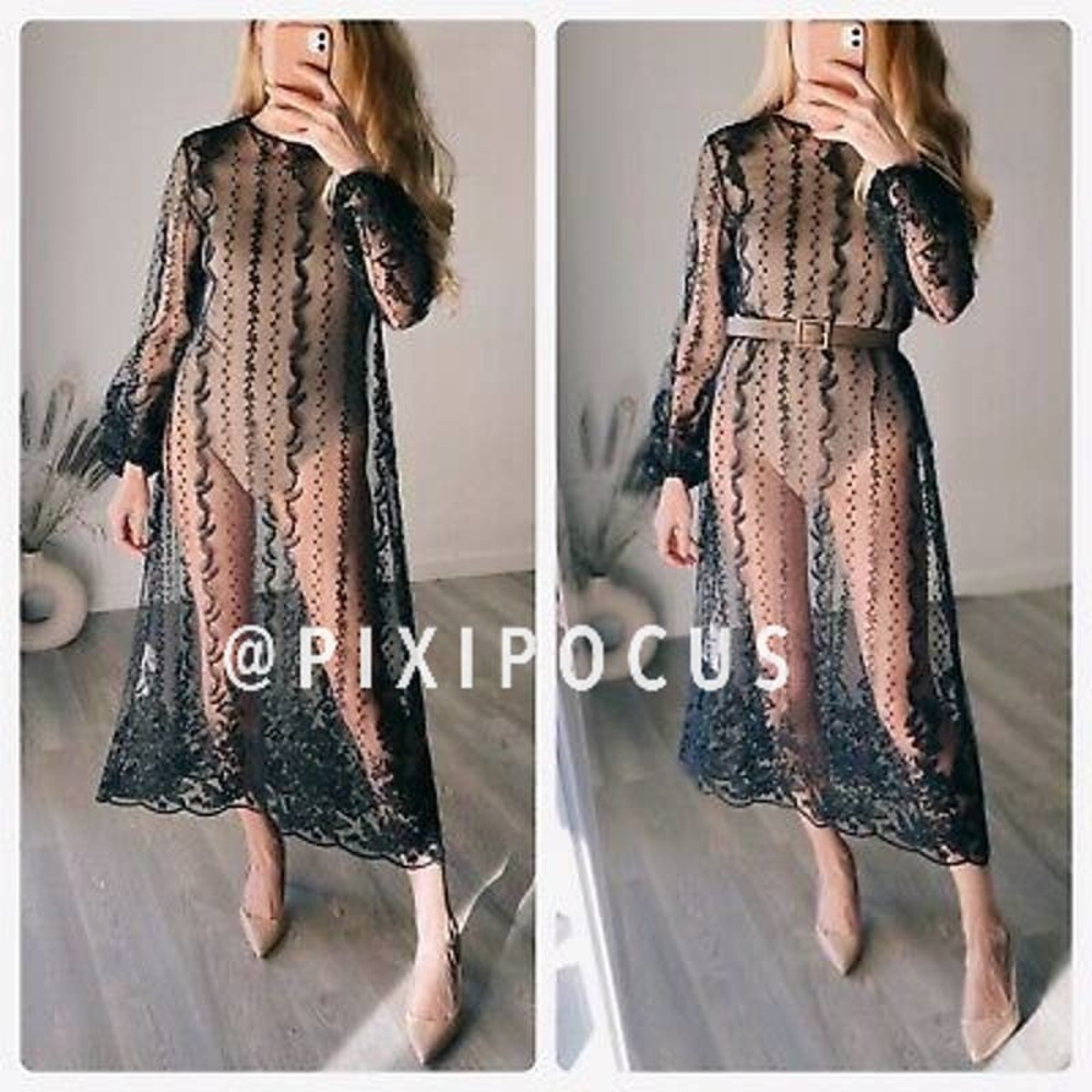 ZARA EMBROIDERED SEMI-SHEER DRESS TULLE BLACK - Picture 5 of 16